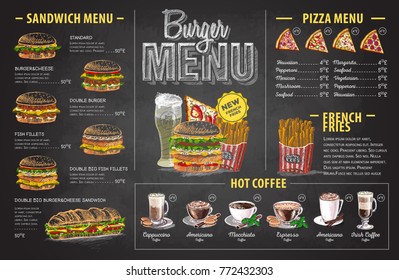 Vintage chalk drawing burger menu design. Fast food menu