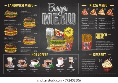 Vintage chalk drawing burger menu design. Fast food menu