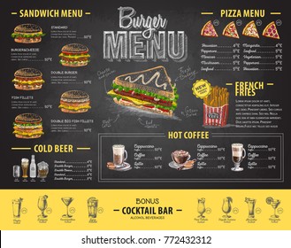 Vintage chalk drawing burger menu design. Fast food menu