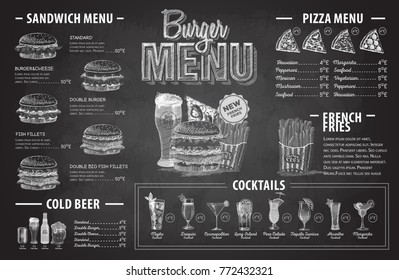 Vintage chalk drawing burger menu design. Fast food menu