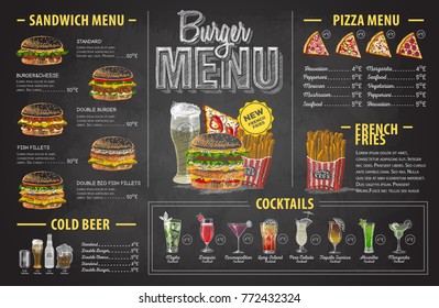 Vintage chalk drawing burger menu design. Fast food menu