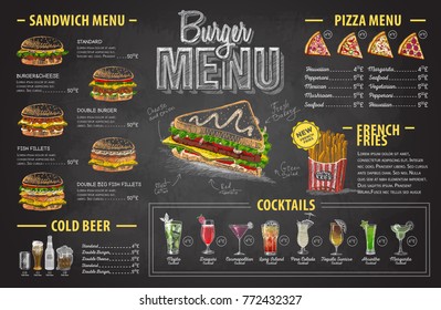 Vintage Chalk Drawing Burger Menu Design. Fast Food Menu