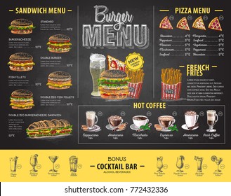 Vintage chalk drawing burger menu design. Fast food menu