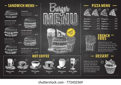 Vintage chalk drawing burger menu design. Fast food menu