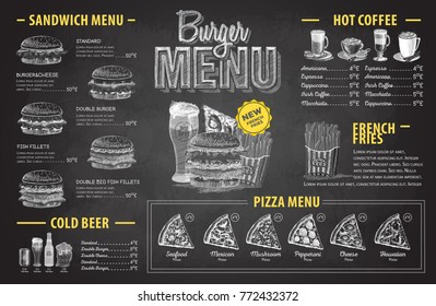 Vintage Chalk Drawing Burger Menu Design. Fast Food Menu