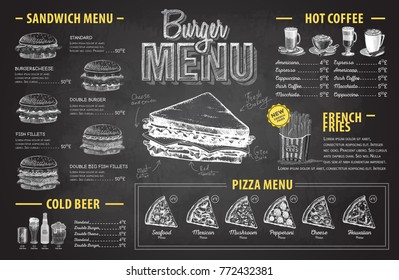 Vintage chalk drawing burger menu design. Fast food menu
