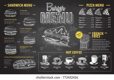 Vintage chalk drawing burger menu design. Fast food menu