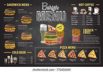 Vintage chalk drawing burger menu design. Fast food menu