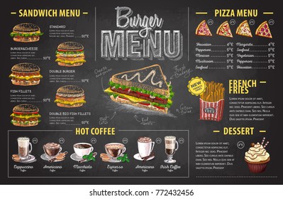 Vintage chalk drawing burger menu design. Fast food menu