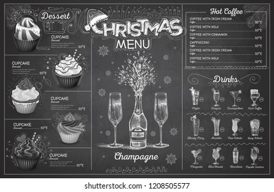 Vintage chalk drawing christmas menu design with champagne. Restaurant menu