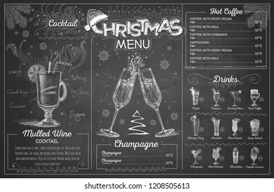 Vintage chalk drawing christmas menu design with champagne. Restaurant menu