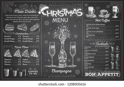 Vintage chalk drawing christmas menu design with champagne. Restaurant menu