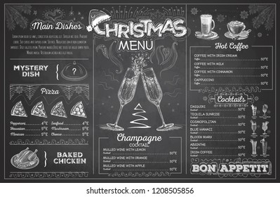 Vintage chalk drawing christmas menu design with champagne. Restaurant menu