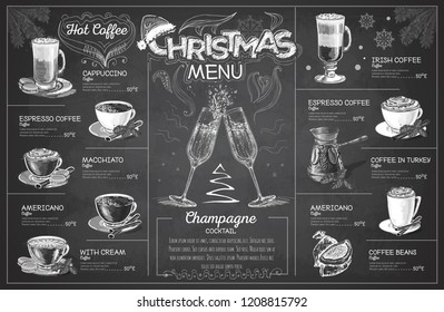 Vintage chalk drawing christmas menu design with champagne. Restaurant menu