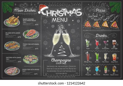 Vintage chalk drawing christmas menu design with champange. Restaurant menu