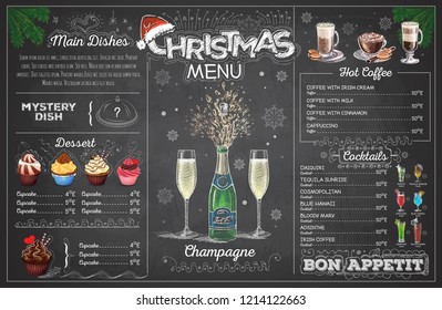 Vintage chalk drawing christmas menu design with champange. Restaurant menu