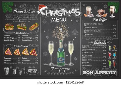 Vintage chalk drawing christmas menu design with champange. Restaurant menu