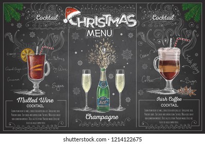 Vintage Chalk Drawing Christmas Menu Design With Champange. Restaurant Menu