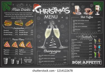 Vintage Chalk Drawing Christmas Menu Design With Champange. Restaurant Menu