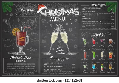 Vintage Chalk Drawing Christmas Menu Design With Champange. Restaurant Menu