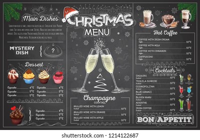 Vintage Chalk Drawing Christmas Menu Design With Champange. Restaurant Menu