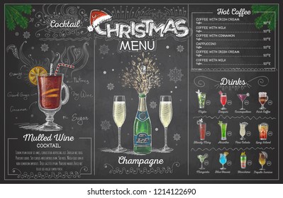 Vintage Chalk Drawing Christmas Menu Design With Champange. Restaurant Menu