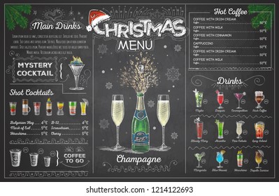 Vintage chalk drawing christmas menu design with champange. Restaurant menu