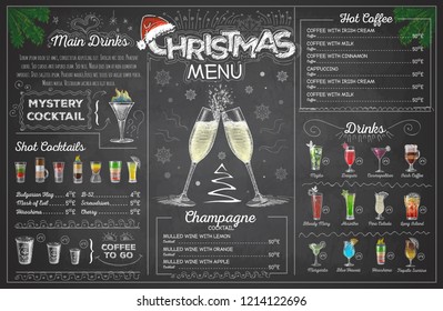 Vintage Chalk Drawing Christmas Menu Design With Champange. Restaurant Menu