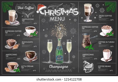 Vintage Chalk Drawing Christmas Menu Design With Champange. Restaurant Menu