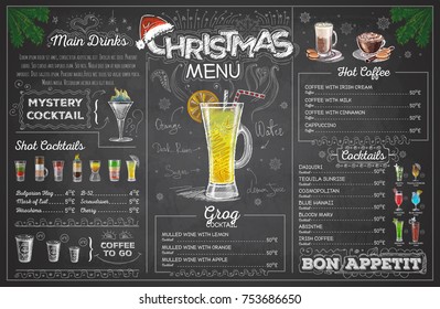 Vintage chalk drawing christmas menu design. Restaurant menu