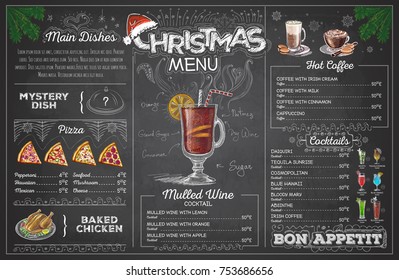Vintage chalk drawing christmas menu design. Restaurant menu