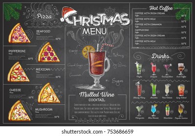 Vintage chalk drawing christmas menu design. Restaurant menu