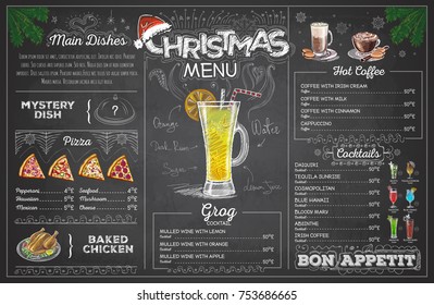 Vintage chalk drawing christmas menu design. Restaurant menu