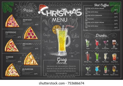 Vintage chalk drawing christmas menu design. Restaurant menu