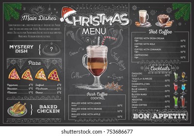 Vintage chalk drawing christmas menu design. Restaurant menu