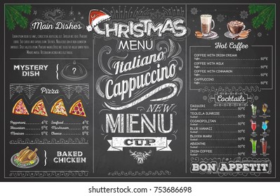 Vintage chalk drawing christmas menu design. Restaurant menu