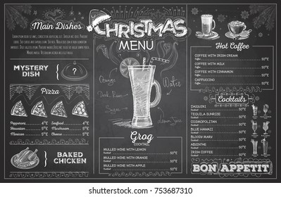 Vintage chalk drawing christmas menu design. Restaurant menu