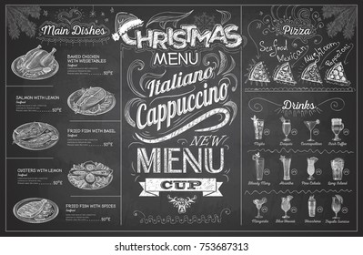 Vintage chalk drawing christmas menu design. Restaurant menu