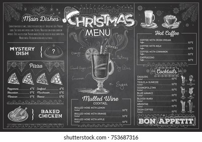 Vintage chalk drawing christmas menu design. Restaurant menu