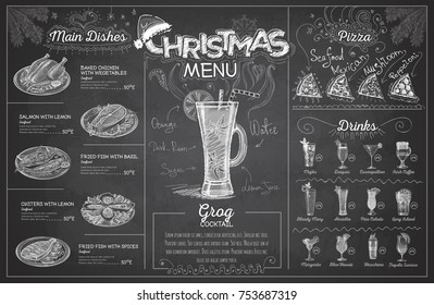 Vintage chalk drawing christmas menu design. Restaurant menu