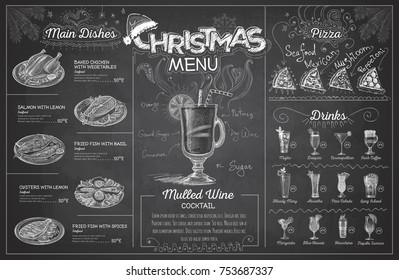 Vintage chalk drawing christmas menu design. Restaurant menu