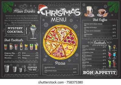 Vintage chalk drawing christmas menu design. Restaurant menu