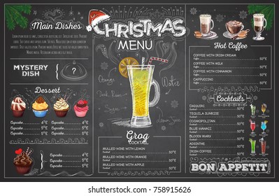 Vintage chalk drawing christmas menu design. Restaurant menu