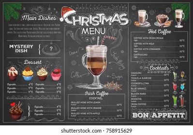 Vintage chalk drawing christmas menu design. Restaurant menu