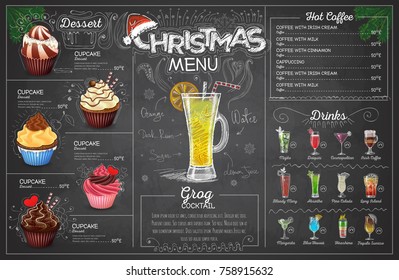 Vintage chalk drawing christmas menu design. Restaurant menu