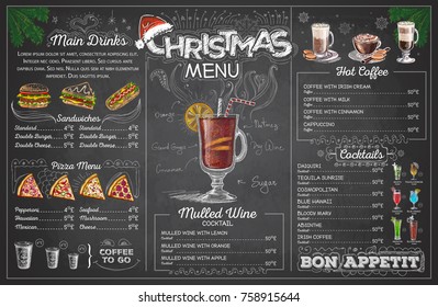 Vintage chalk drawing christmas menu design. Restaurant menu