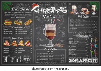 Vintage chalk drawing christmas menu design. Restaurant menu