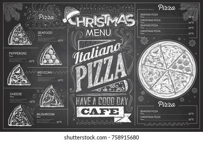 Vintage chalk drawing christmas pizza menu design. Restaurant me