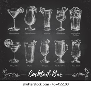 Vintage chalk drawing cocktail bar menu. Sketch art