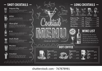 Vintage chalk drawing cocktail menu design. Restaurant menu